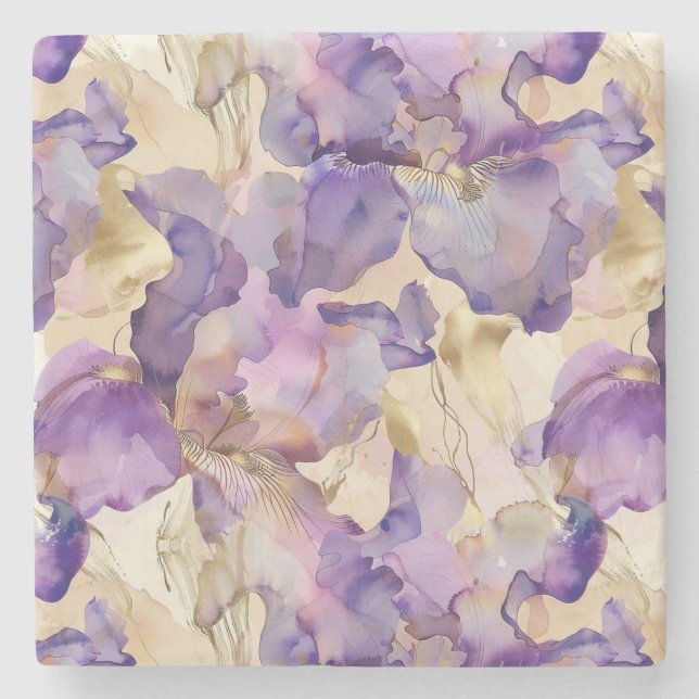 Dessous-de-verre En Pierre Iris Floral Abstrait Or Blanc Violet (Devant)