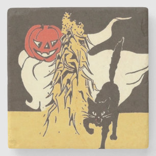 Dessous-de-verre En Pierre Jack O'Lantern Fantôme Chat Noir Cornstalk