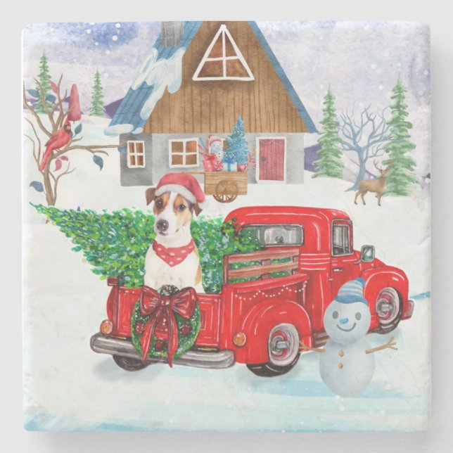 Dessous-de-verre En Pierre Jack Russell Chien à Noël Livraison Camion Neige (Devant)