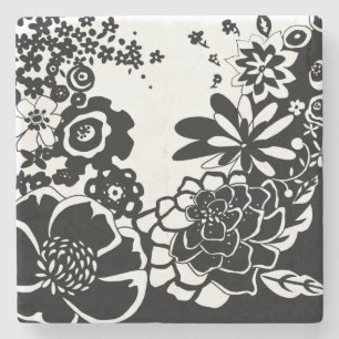 Dessous-de-verre En Pierre Jardin floral noir et blanc Motif graphique