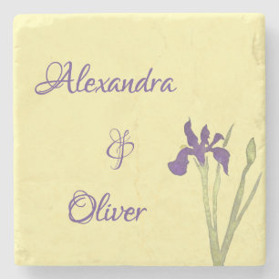 Dessous-de-verre En Pierre Jaune Beurre & Iris Violet Aquarelle Mariage