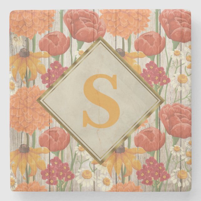 Dessous-de-verre En Pierre Jaune Orange Rouge Floral Blanc Daisées Monogramme (Devant)