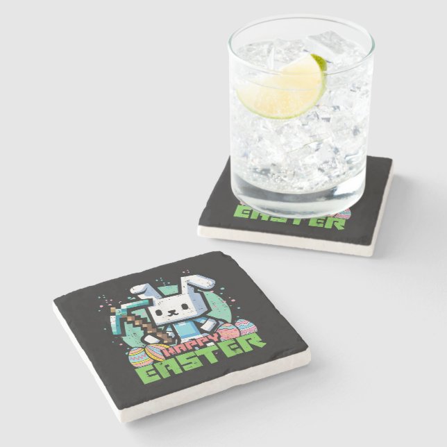Dessous-de-verre En Pierre Jeu de pixels de lapin de Pâques heureux  (Côté)