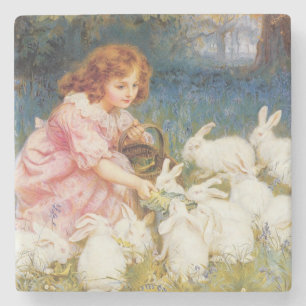 Dessous-de-verre En Pierre Jeune Fille Nourrissant les Lapins (de Frederick M