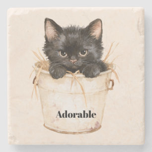 Dessous-de-verre En Pierre Joli Chat Noir Adorable dans un Seau