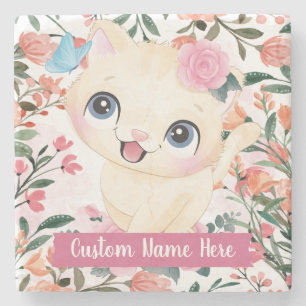 Dessous-de-verre En Pierre Joli Chat Roses Roses Blush Fleurs Nom Personnalis
