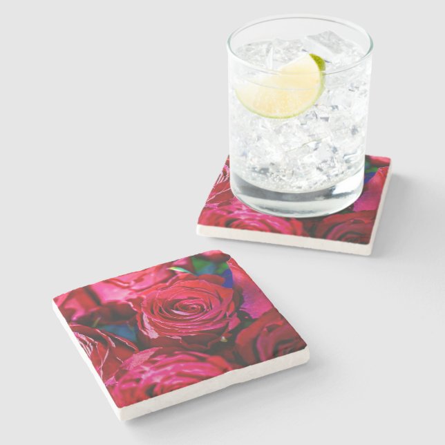 Dessous-de-verre En Pierre Joli Ensemble De Roses Rouges (Côté)