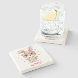 Dessous-de-verre En Pierre Joli lapin féminin avec monogramme portant des lun