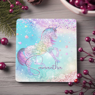 Dessous-de-verre En Pierre Joli licorne rose paillettes arc-en-ciel aqua mono