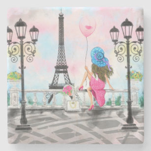 Dessous-de-verre En Pierre Jolie femme et ballon de coeur rose - I Love Paris