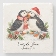 Jolis Puffins d'hiver en aquarelle pour Noël