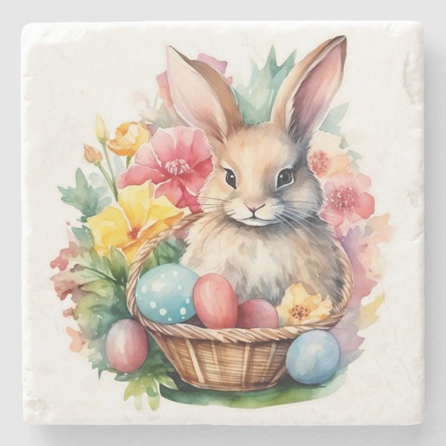 Dessous-de-verre En Pierre Joyeuse peinture d'aquarelle de lapin de Pâques (Devant)