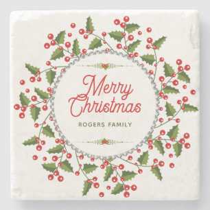 Dessous-de-verre En Pierre Joyeuse typographie de Noël et couronne de Noël