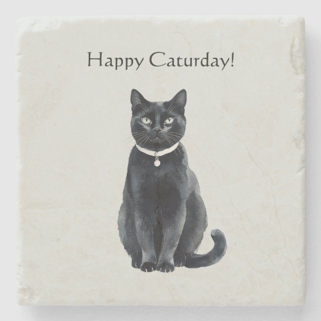 Dessous-de-verre En Pierre Joyeux Caturday Chat Noir (Devant)