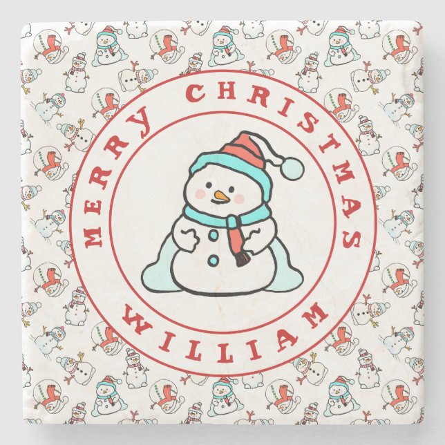 Dessous-de-verre En Pierre Joyeux Noël Nom Snowman White (Devant)