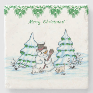 Dessous-de-verre En Pierre Joyeux Noël ! Snowman avec chat et chiot