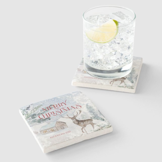Dessous-de-verre En Pierre Joyeux Noël Typographie Noël Cerf de Noël (Côté)