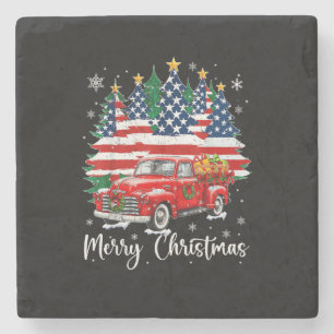 Dessous-de-verre En Pierre Joyeux Noël Vintage Camion Rouge Drapeau Américain