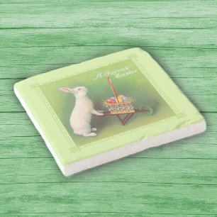 Dessous-de-verre En Pierre Joyeux Pâques blanc lapin Panier Oeufs Roue