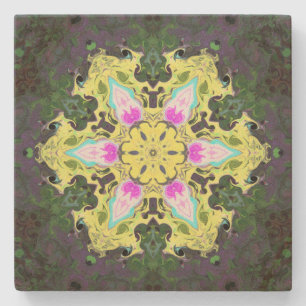Dessous-de-verre En Pierre Kaleidoscope psychédélique Fleur Jaune et rose