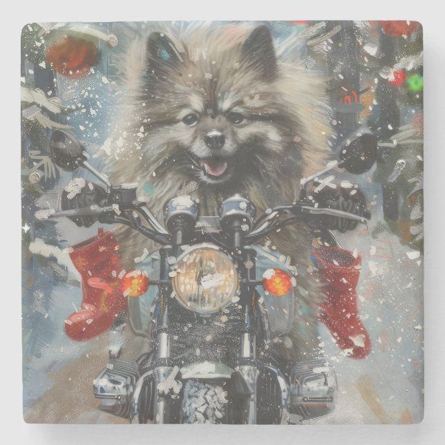 Dessous-de-verre En Pierre Keeshond chien équitation moto Noël (Devant)