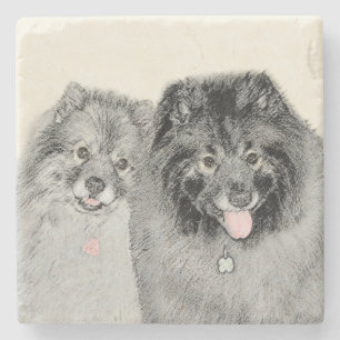 Dessous-de-verre En Pierre Keeshond Maman et Son Peinture - Art Chien origina
