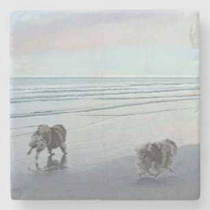 Dessous-de-verre En Pierre Keeshonds at the Seashore Peinture Dog Art