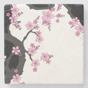 Dessous-de-verre En Pierre Kimono japonais Sakura noir et blanc