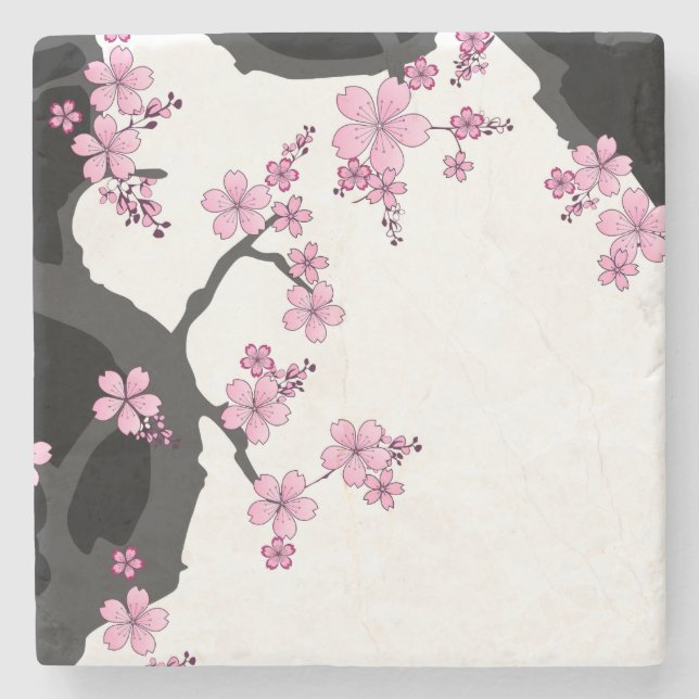 Dessous-de-verre En Pierre Kimono japonais Sakura noir et blanc (Devant)