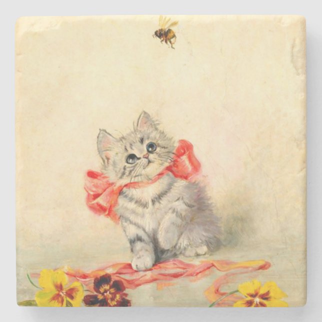 Dessous-de-verre En Pierre Kitten avec ruban rouge (Devant)