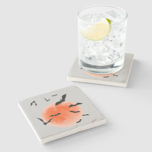 Dessous-de-verre En Pierre La Lune Rouge D'Halloween Et Les chauves-souris No