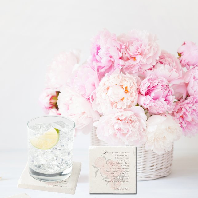 Dessous-de-verre En Pierre L'amour est patient - Ecriture Dessous de verre de (Love is patient. Wedding peony party favor)