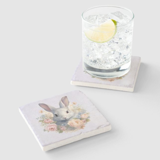 Dessous-de-verre En Pierre Lapin entouré de fleurs pastel Mignon (Côté)