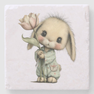 Dessous-de-verre En Pierre Lapin mignon tenant une Tulipe