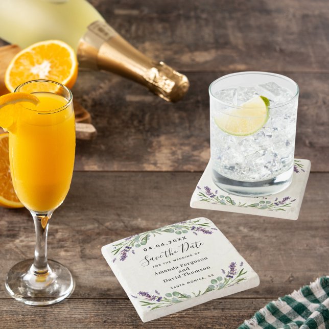 Dessous-de-verre En Pierre Lavande verdure mariage floral enregistrer la date (Créateur téléchargé)