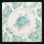 Dessous-de-verre En Pierre Le baby shower privilégie la tortue de mer tropica<br><div class="desc">Ces dessous de verre tropicaux abritent une tortue de mer entourée de feuilles de palmiers de la monstère. Utilisez les champs modèle pour ajouter vos informations personnalisées en bleu turquoise. Un choix mignon pour la vaisselle de fête pour les faveurs de baby shower sans sexe avec un thème insulaire. L'aquarelle...</div>