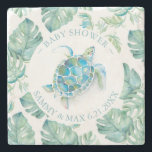 Dessous-de-verre En Pierre Le baby shower privilégie la tortue de mer tropica<br><div class="desc">Ces dessous de verre tropicaux abritent une tortue de mer entourée de feuilles de palmiers de la monstère. Utilisez les champs modèle pour ajouter vos informations personnalisées en bleu turquoise. Un choix mignon pour la vaisselle de fête pour les faveurs de baby shower sans sexe avec un thème insulaire. L'aquarelle...</div>