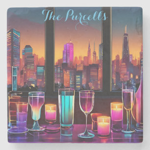 Dessous-de-verre En Pierre Le bar moderne Neon City Carré en marbre Dessous d