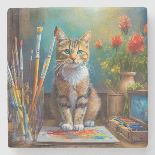 Dessous-de-verre En Pierre Le Chat Artistique (Devant)