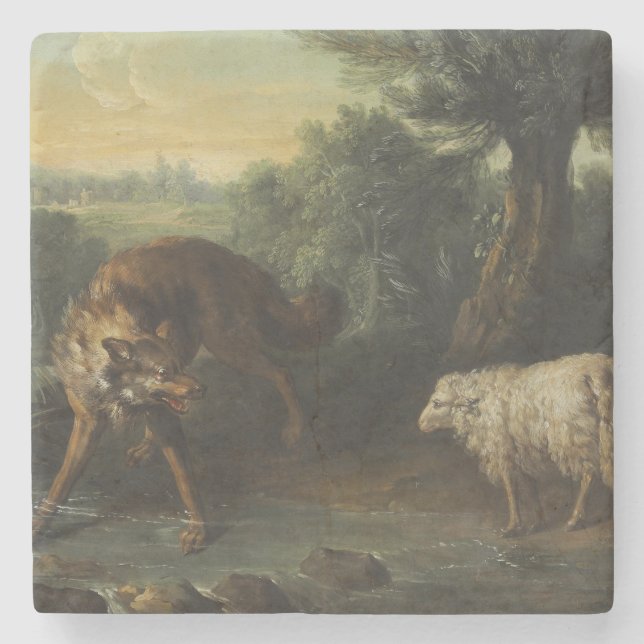 Dessous-de-verre En Pierre Le loup et l'agneau (par Jean-Baptiste Oudry) (Devant)