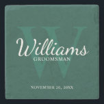 Dessous-de-verre En Pierre Le nom et le monogramme des développeurs de script<br><div class="desc">Ajoutez une touche personnelle à votre mariage grâce à son dessous de verre en pierre personnalisé. Ce dessous de verre présente le nom personnalisé du marionnettiste dans le style de police de script classique blanc avec des détails mariages dans le style de police de serif classique blanc et monogramme dans...</div>