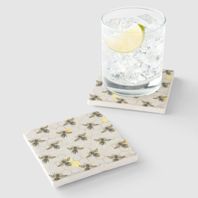 Dessous-de-verre En Pierre Les abeilles sur Honeypeb Motif Jaune Gold Grey (Côté)