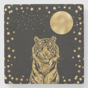 Dessous-de-verre En Pierre Les étoiles du tigre d'or et la lune en noir