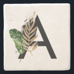 Dessous-de-verre En Pierre LETTRE Feuille Tropicale Faux Gold Foil A Monogram<br><div class="desc">LETTRE Feuille Tropicale Faux Gold Foil A Dessous de verre Monogramme | dessous de verre Boho monogramme avec feuilles tropicaux aquarelles avec faux accent de feuille d'or. Ce dessous de verre tropical est parfait pour l'été. Cette conception est disponible dans d'autres éléments.</div>