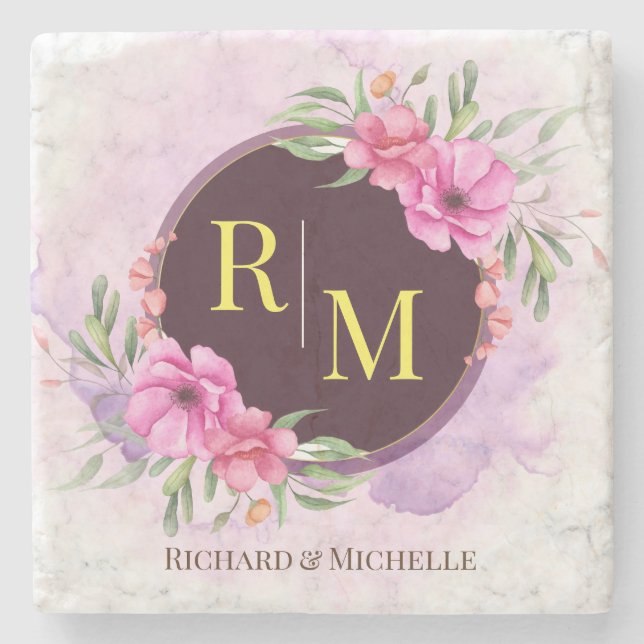 Dessous-de-verre En Pierre Lettre initiale florale de couronne Monogramme Nom (Devant)