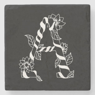 Dessous-de-verre En Pierre LETTRE NOIRE ET BLANCHE "A" AVEC FLEURS Jumelantes