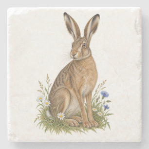 Dessous-de-verre En Pierre Lièvre des prés à côté de marguerites blanches et 
