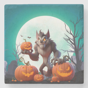 Dessous-de-verre En Pierre Loup-garou d'Halloween et citrouilles