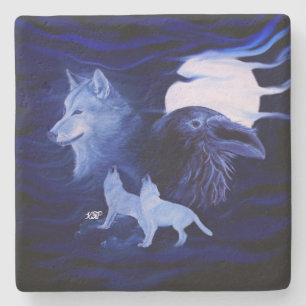 Dessous-de-verre En Pierre Loups et corbeau avec pleine lune