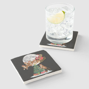 Dessous-de-verre En Pierre Lumières de sapin de Noël Funny Santa chevauchant 